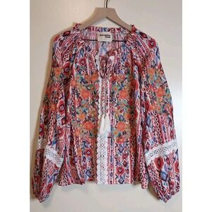 Savanna Jane Boho Embroidered Peasant‎ Blouse L Floral Lace Balloon Sleeve NWOT